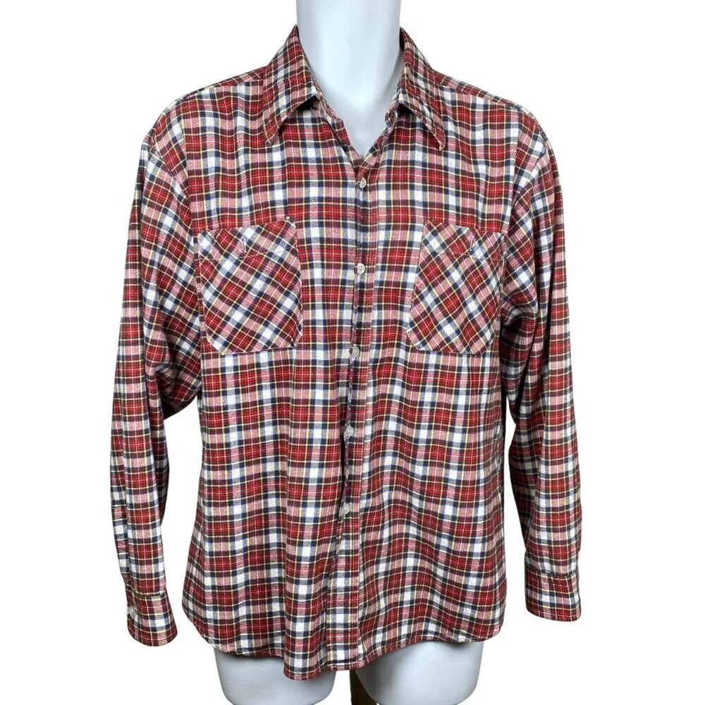 Vintage Sears Red Plaid Flannel Shirt Mens Size L Long Sleeve Button Up